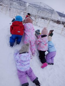 自分たちで作った雪山にのぼったり、すべったりしながら遊んでいます